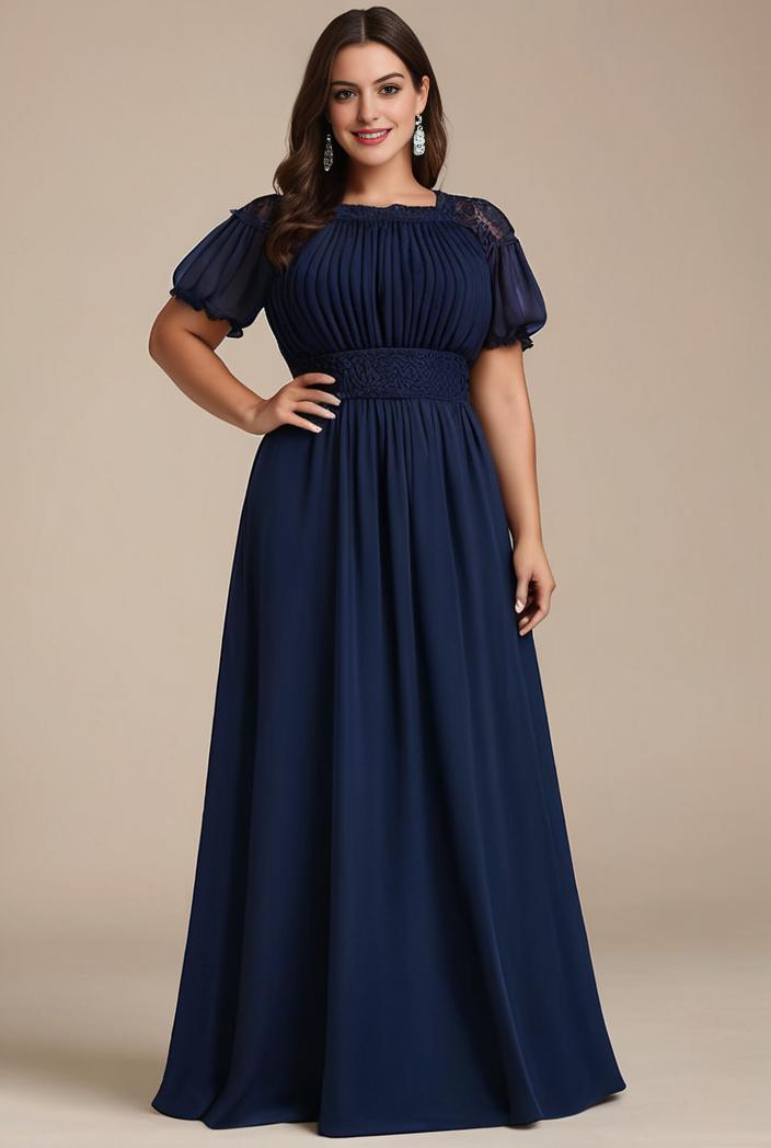 plus size simple chiffon pleated a line round neckline bridesmaid dress 113786