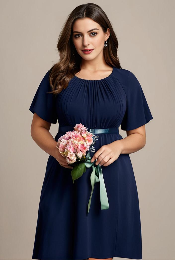 plus size simple chiffon pleated a line round neckline bridesmaid dress 113804