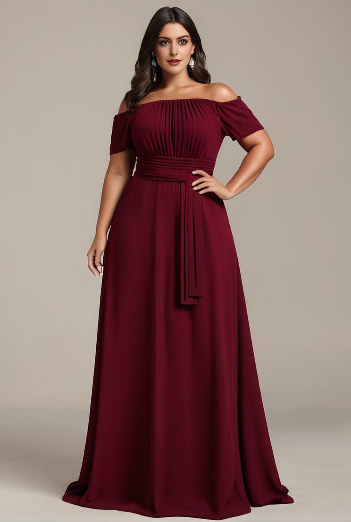 plus size simple chiffon pleated a line round neckline bridesmaid dress 113834