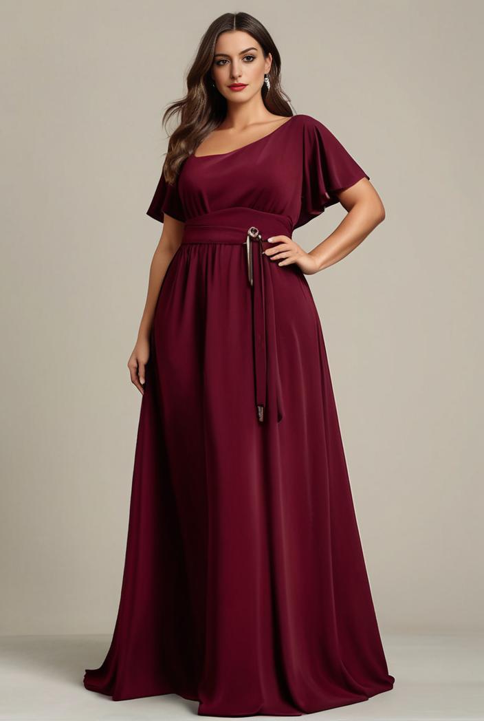 plus size simple chiffon pleated a line round neckline bridesmaid dress 113836