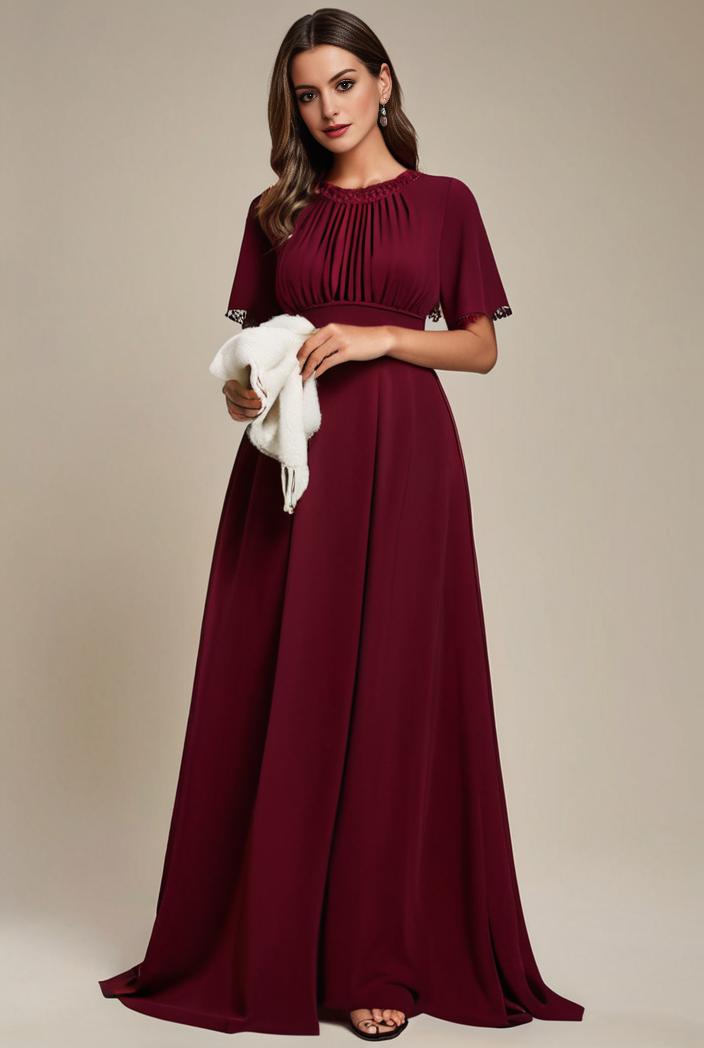plus size simple chiffon pleated a line round neckline bridesmaid dress 113847