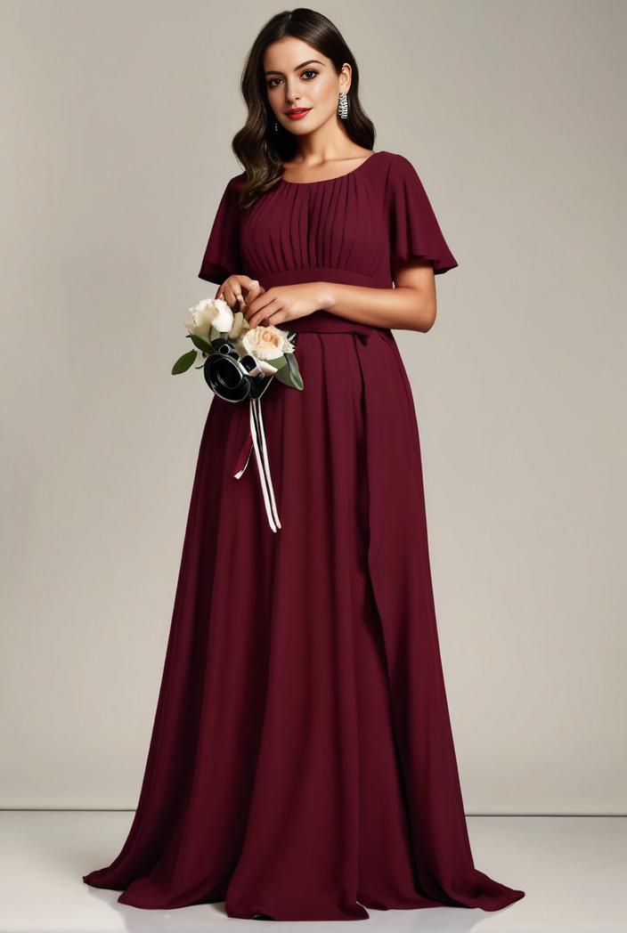 plus size simple chiffon pleated a line round neckline bridesmaid dress 113849
