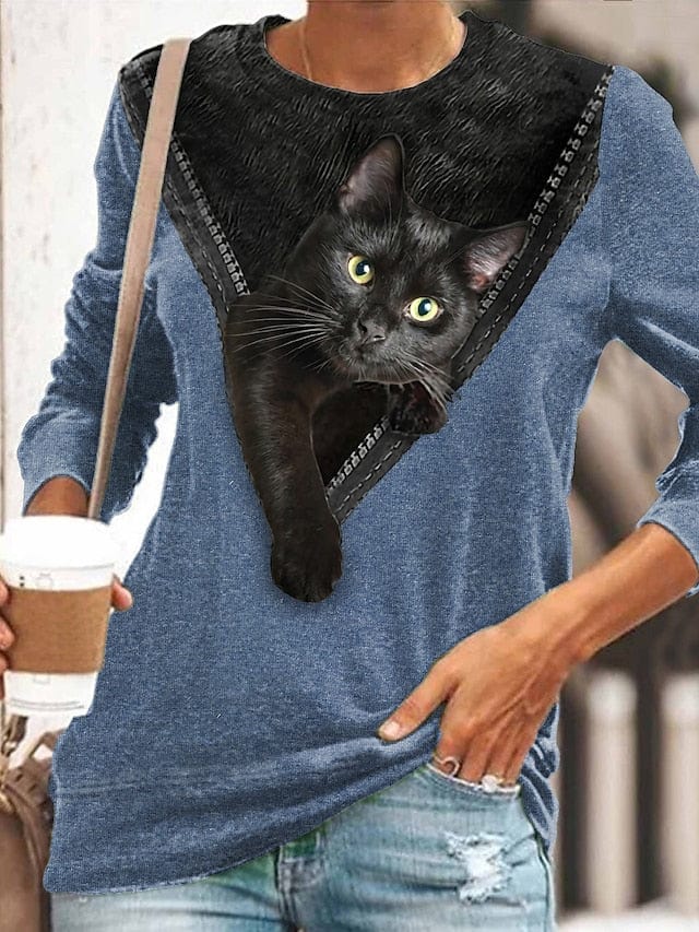 3D Cat Print Long Sleeve Women's T-shirt Tee