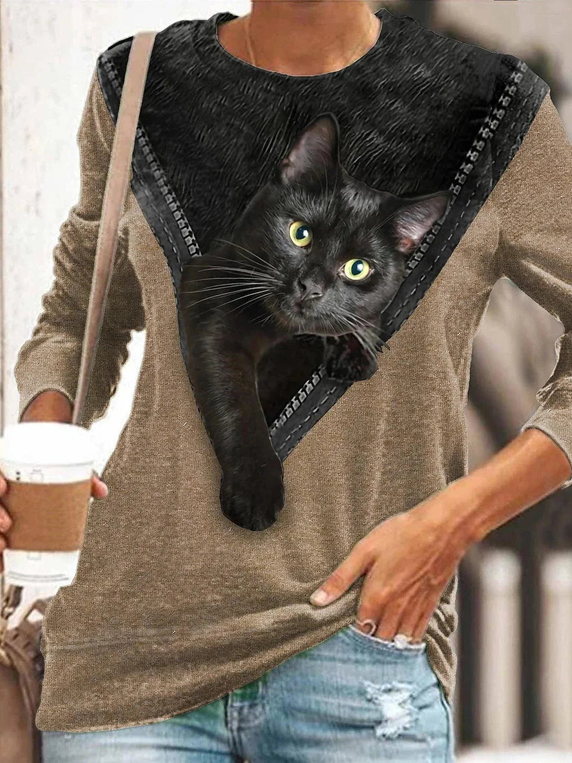 3D Cat Print Long Sleeve Women's T-shirt Tee