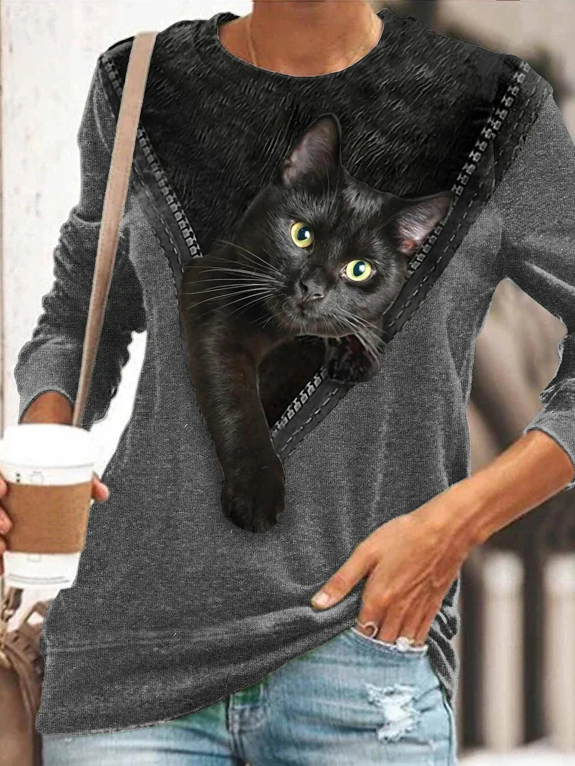 3D Cat Print Long Sleeve Women's T-shirt Tee
