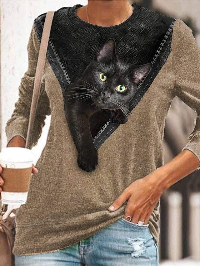 3D Cat Print Long Sleeve Women's T-shirt Tee