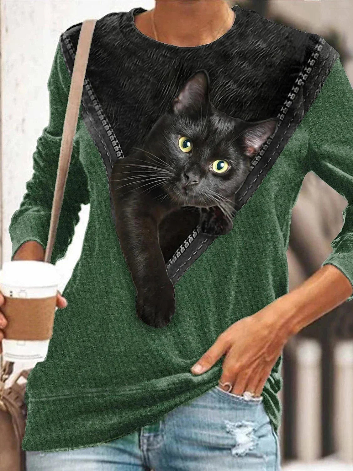 3D Cat Print Long Sleeve Women's T-shirt Tee