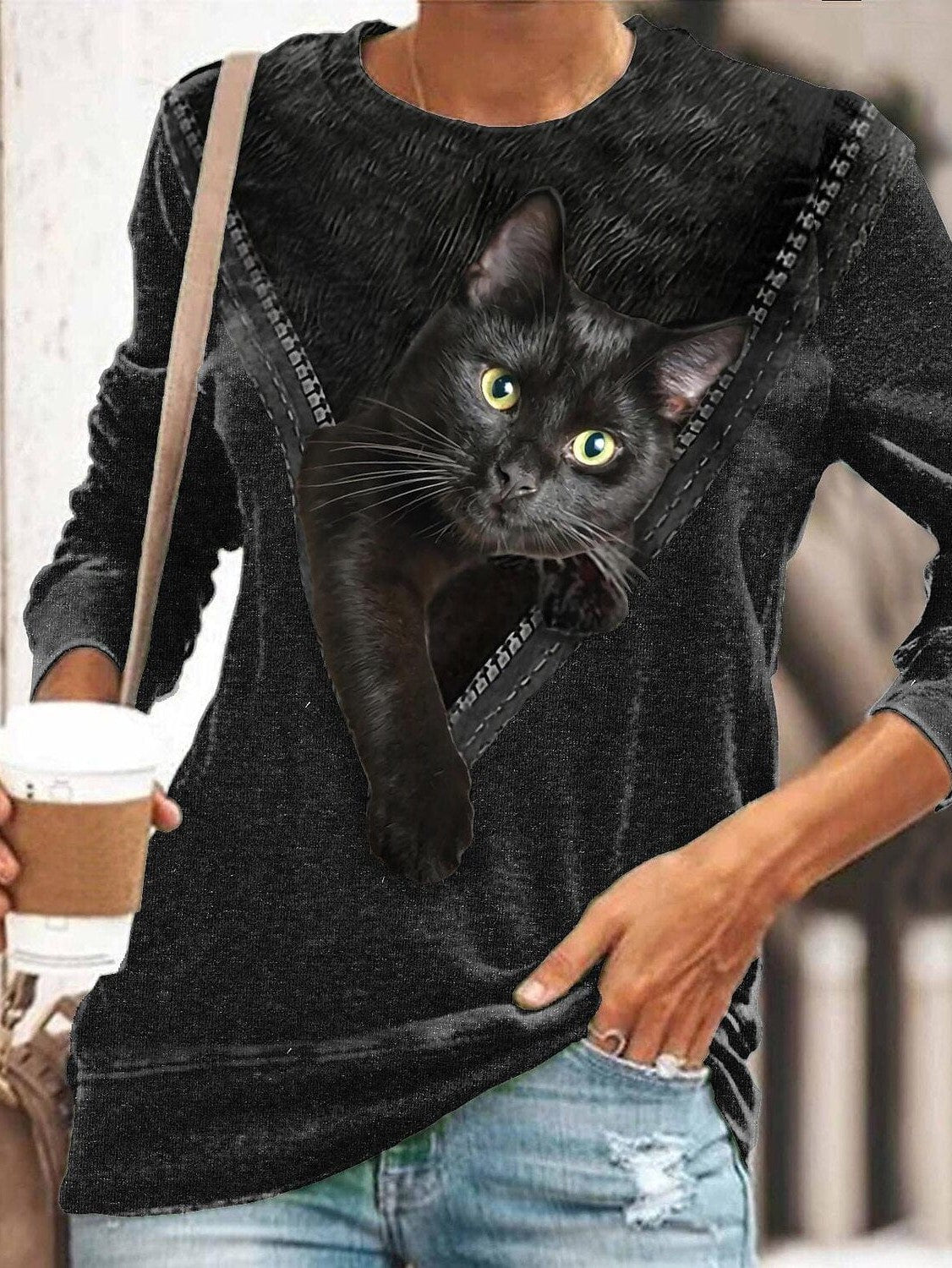 3D Cat Print Long Sleeve Women's T-shirt Tee