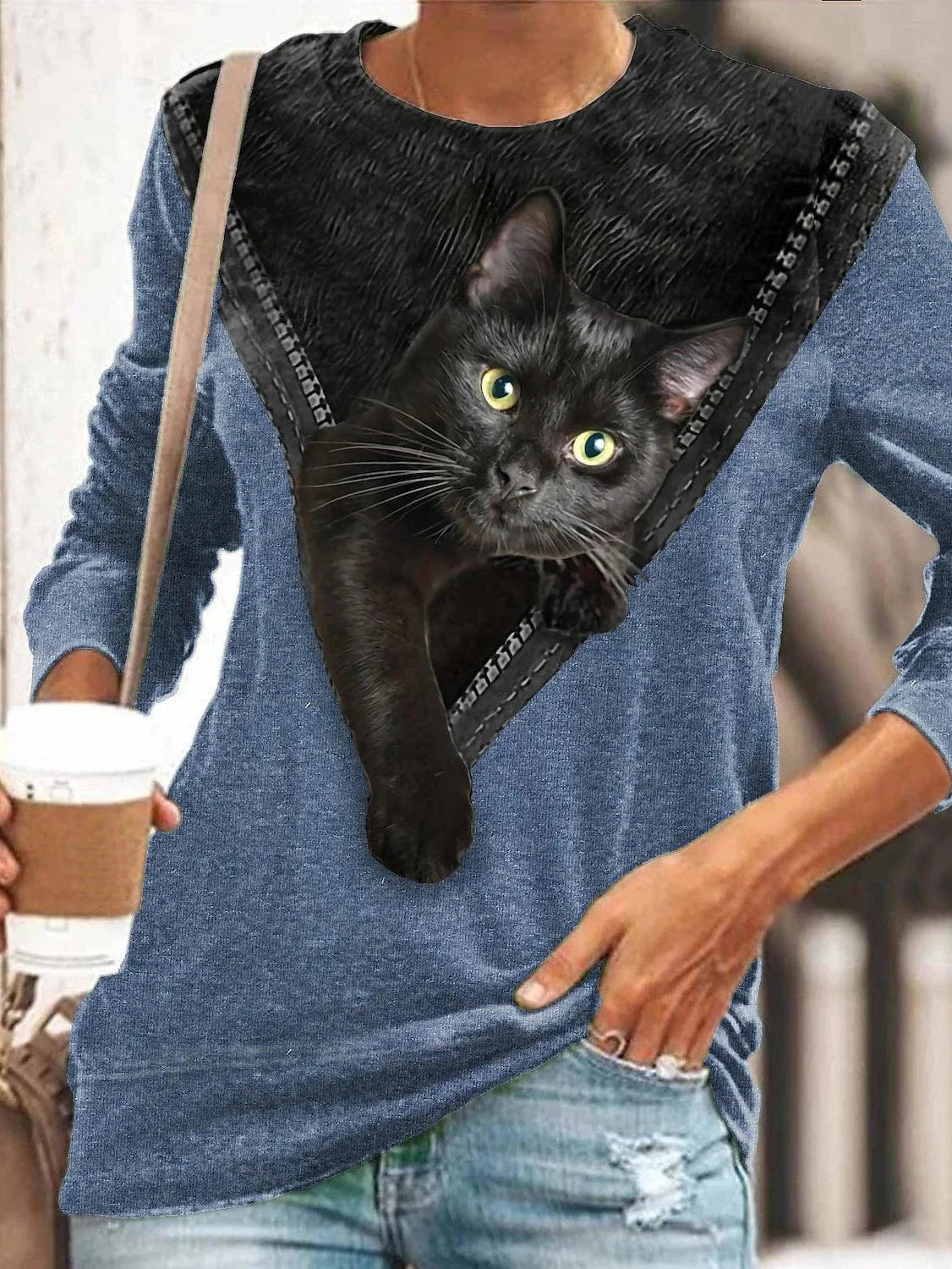 3D Cat Print Long Sleeve Women's T-shirt Tee