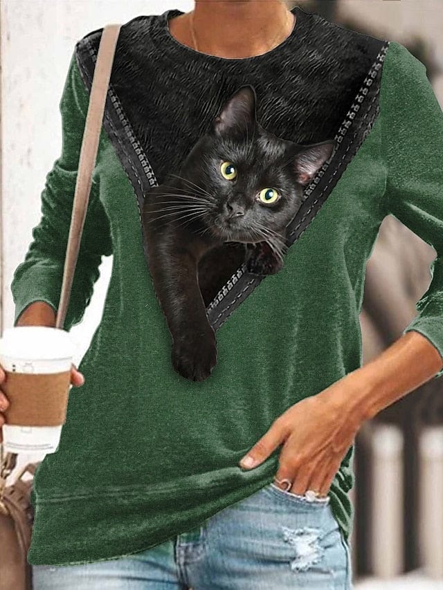 3D Cat Print Long Sleeve Women's T-shirt Tee