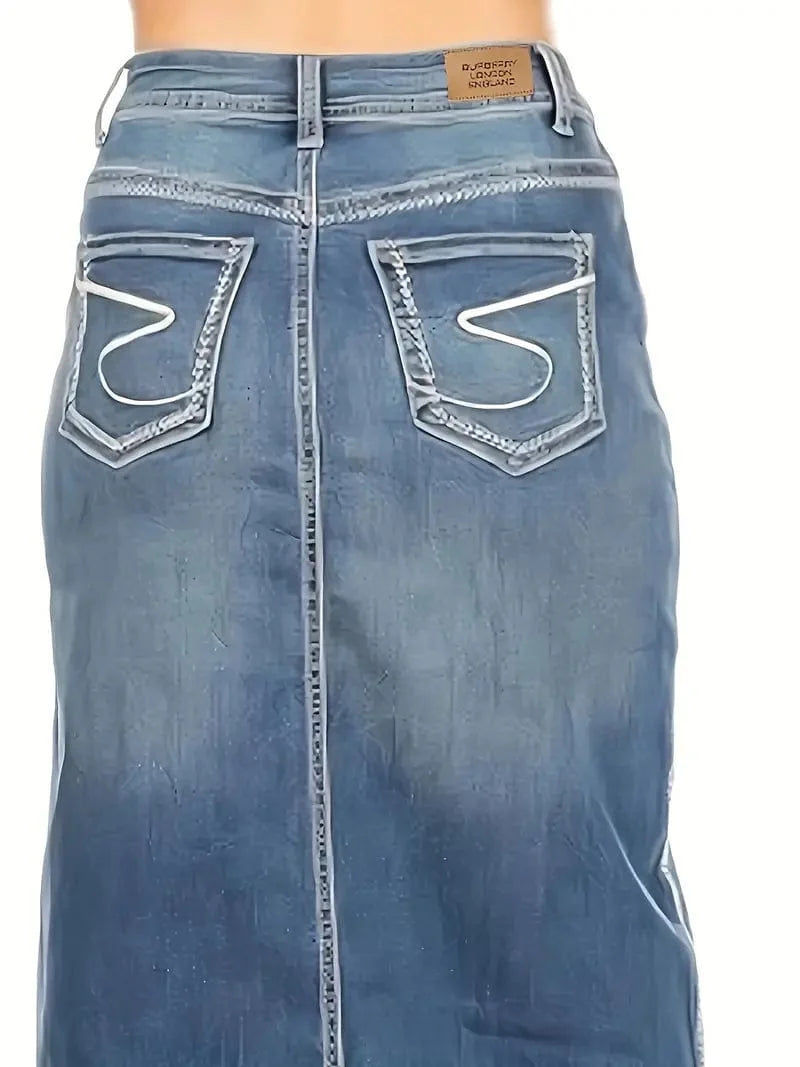 High Waist Blue Denim Midi Skirt with Slant Pockets for Women