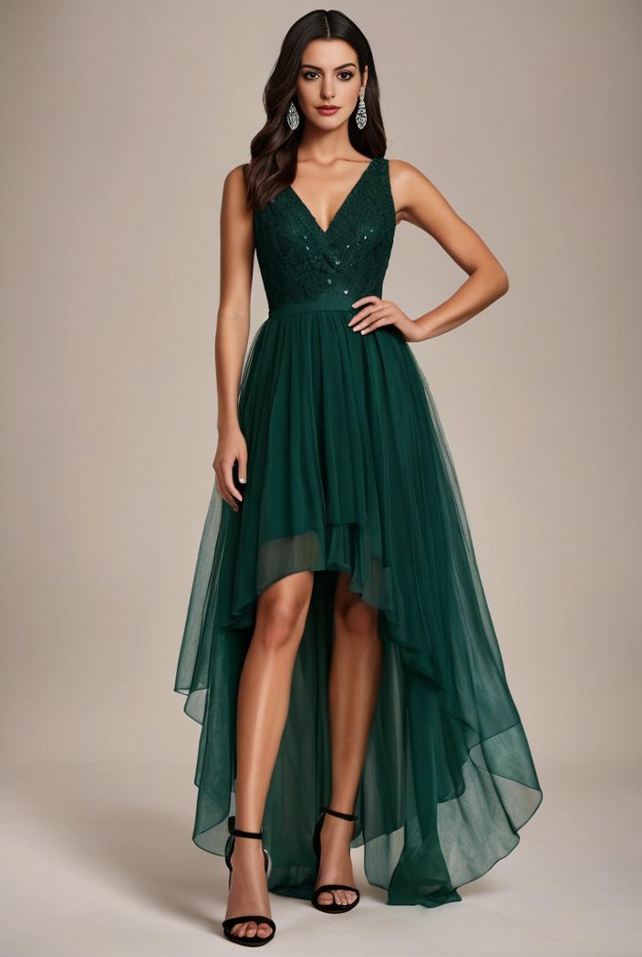 sequin bodice tulle high low evening dress with ribbon waist 115785