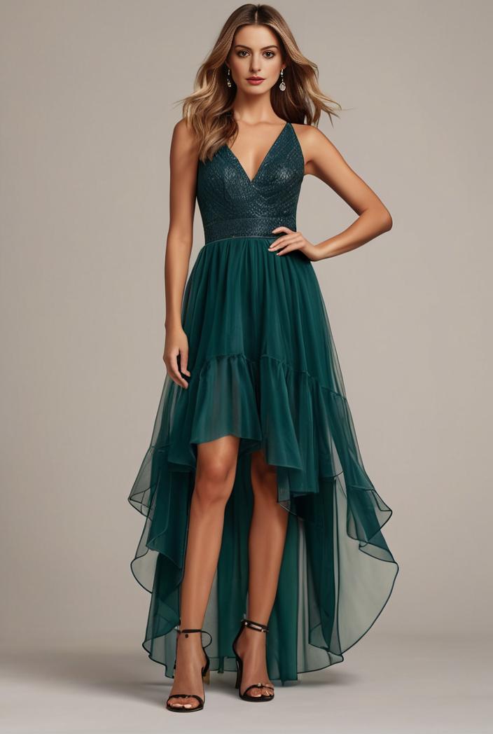 sequin bodice tulle high low evening dress with ribbon waist 115786