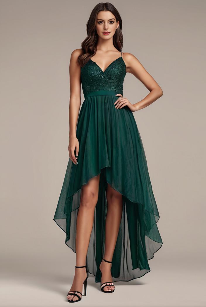 sequin bodice tulle high low evening dress with ribbon waist 115787