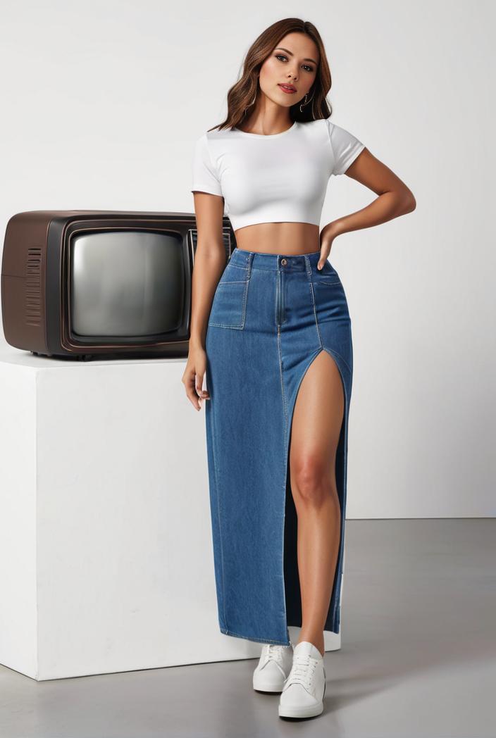 split thigh casual denim midi skirt with slant pockets 111546