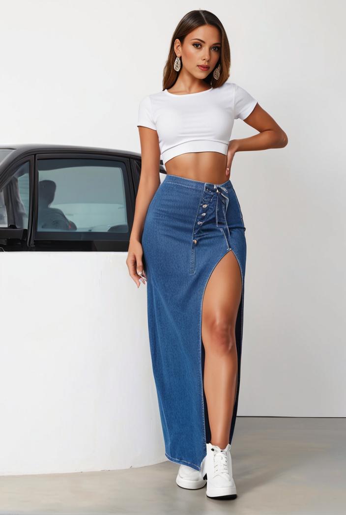 split thigh casual denim midi skirt with slant pockets 111550