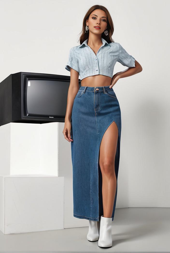 split thigh casual denim midi skirt with slant pockets 111553