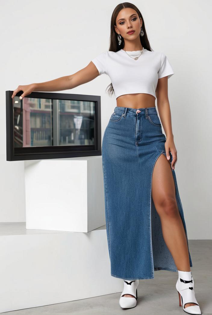 split thigh casual denim midi skirt with slant pockets 111555