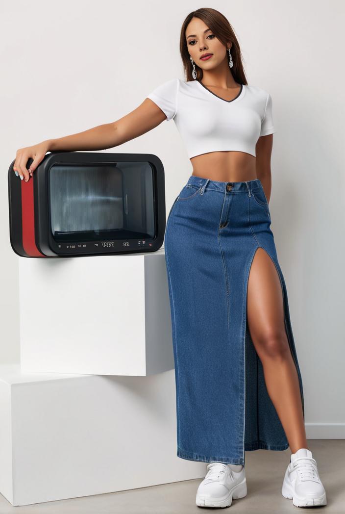 split thigh casual denim midi skirt with slant pockets 111558