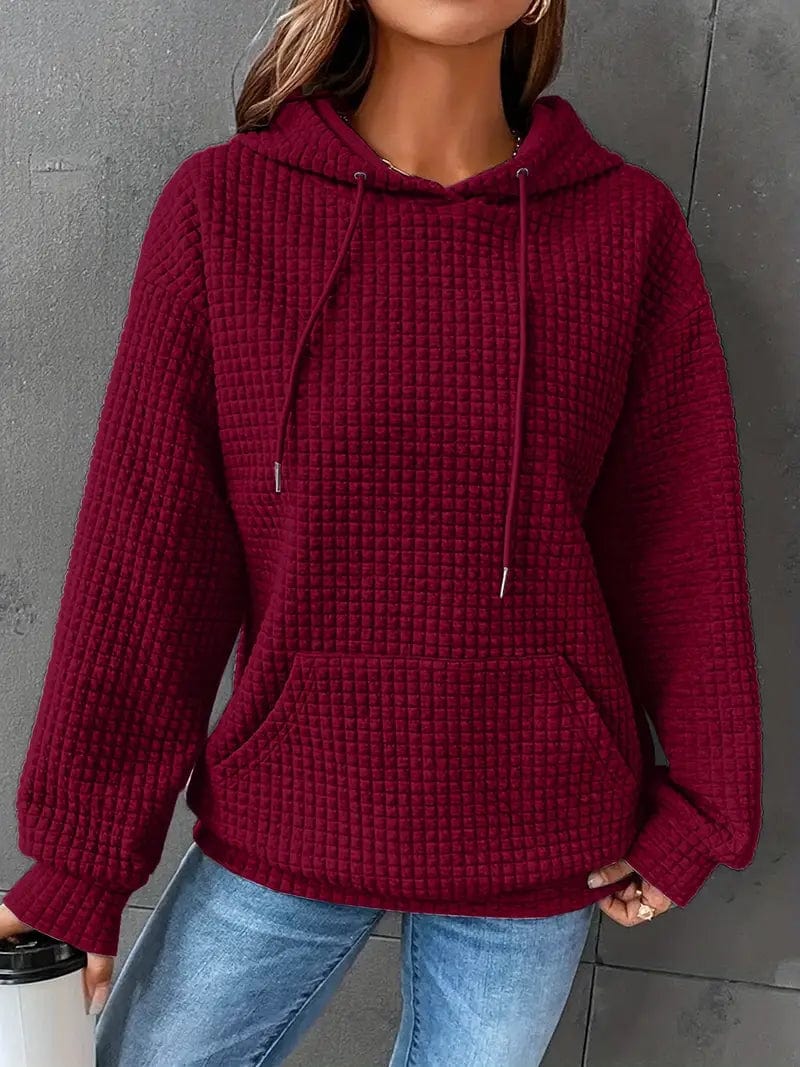 Waffle Grid Kangaroo Pocket Hoodie, Long Sleeve Drawstring Hoodies for Women