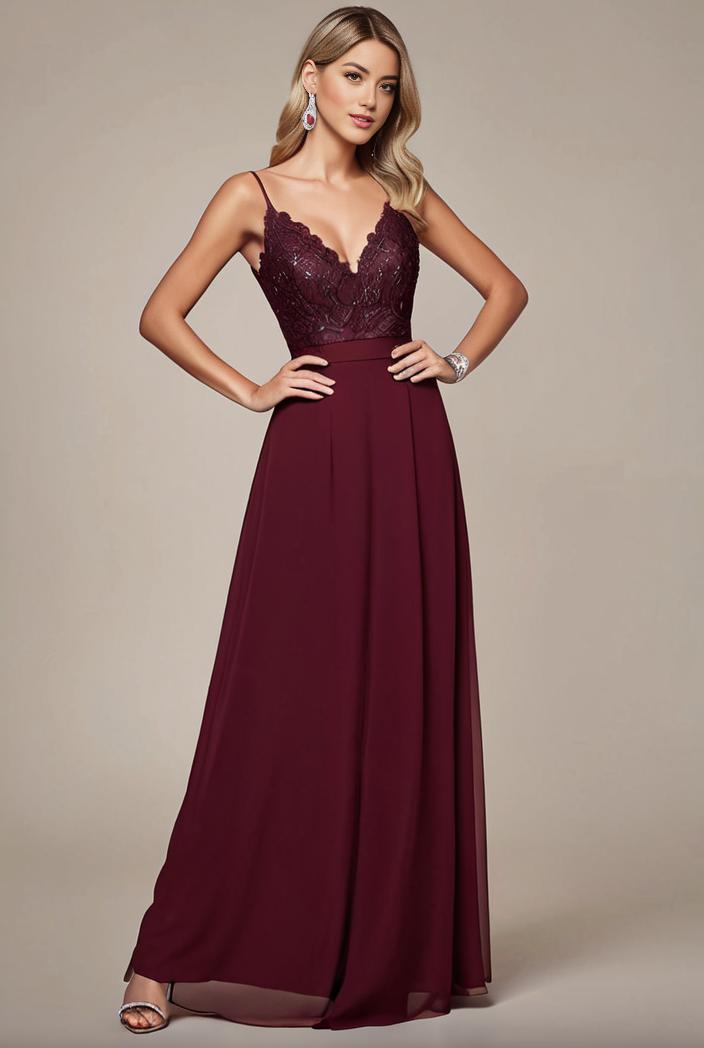 elegant chiffon maxi evening dress with lace cap sleeve 131469