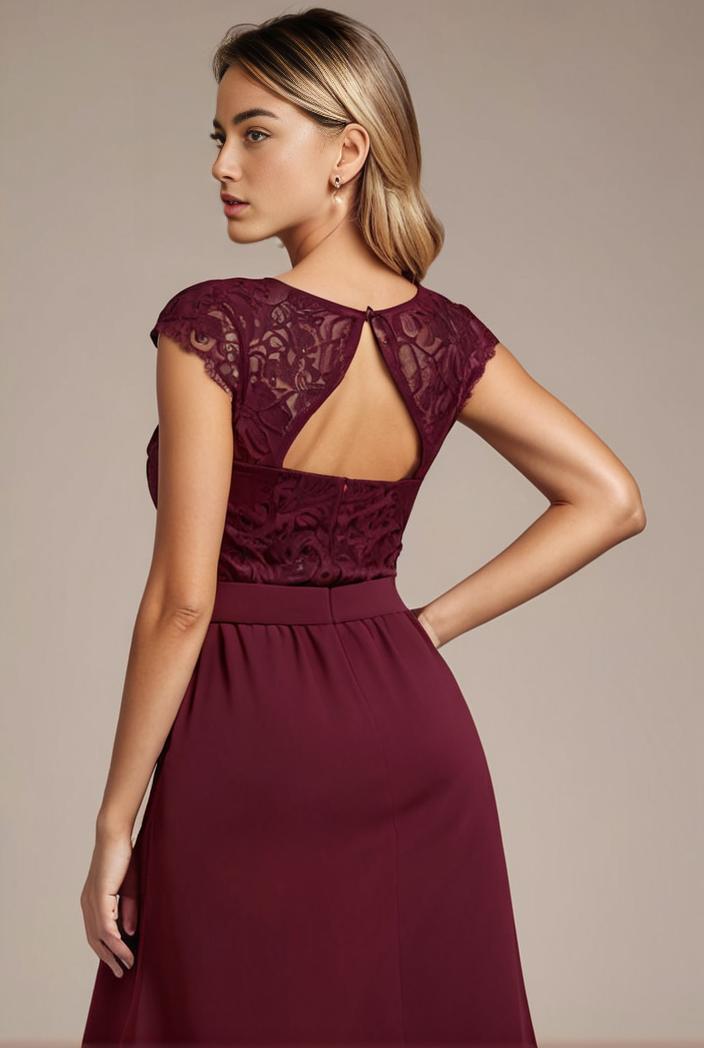 elegant chiffon maxi evening dress with lace cap sleeve 131487