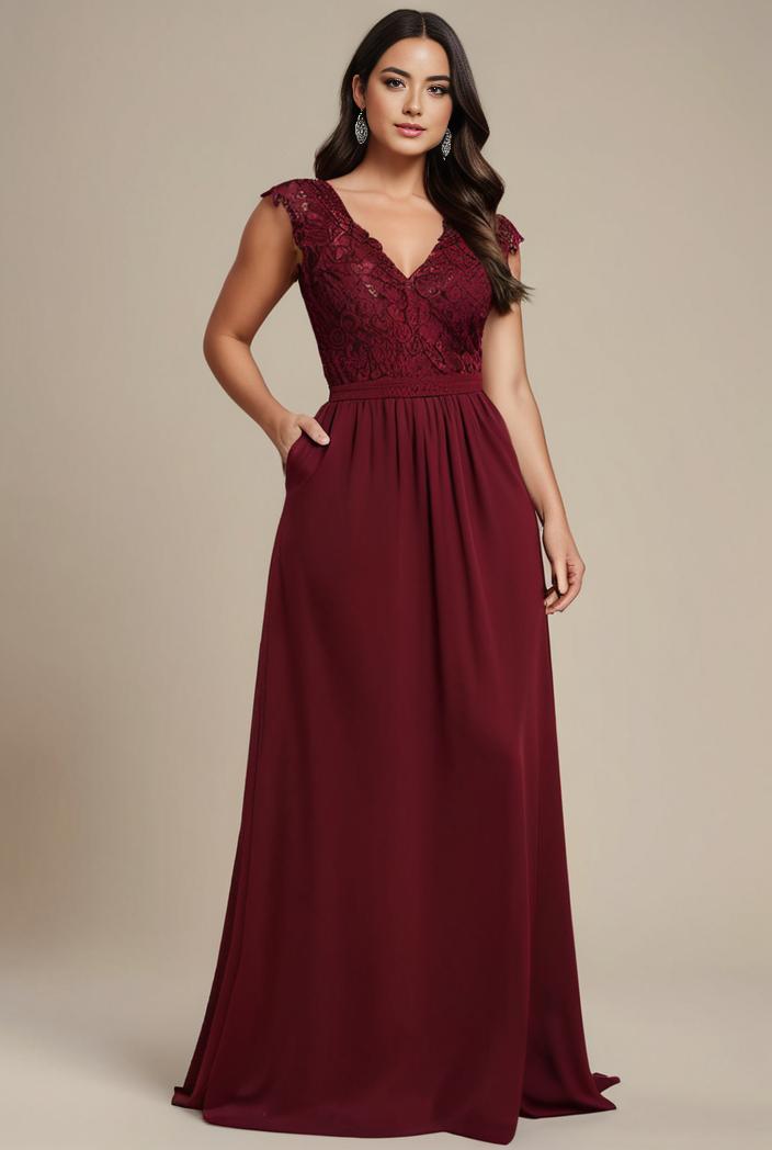 elegant chiffon maxi evening dress with lace cap sleeve 131492