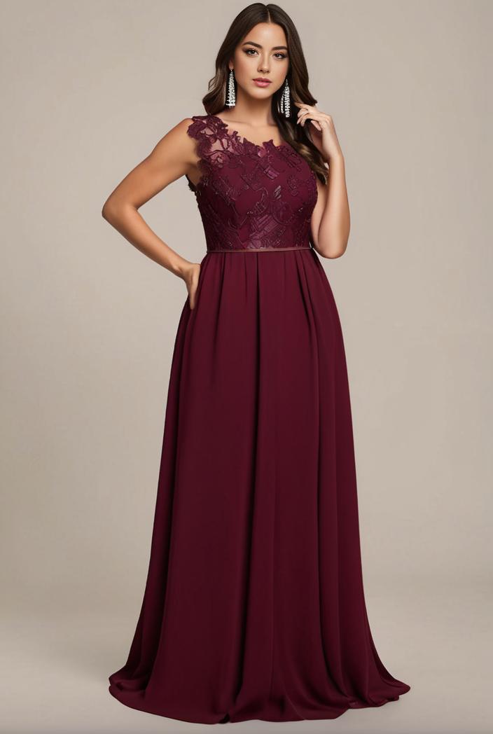 elegant chiffon maxi evening dress with lace cap sleeve 131493