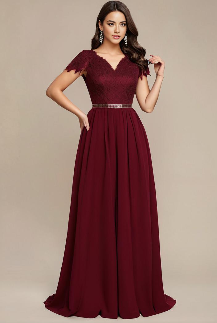 elegant chiffon maxi evening dress with lace cap sleeve 131496