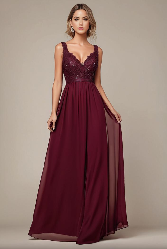 elegant chiffon maxi evening dress with lace cap sleeve 131501