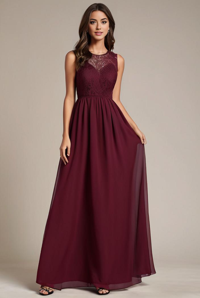 elegant chiffon maxi evening dress with lace cap sleeve 131502
