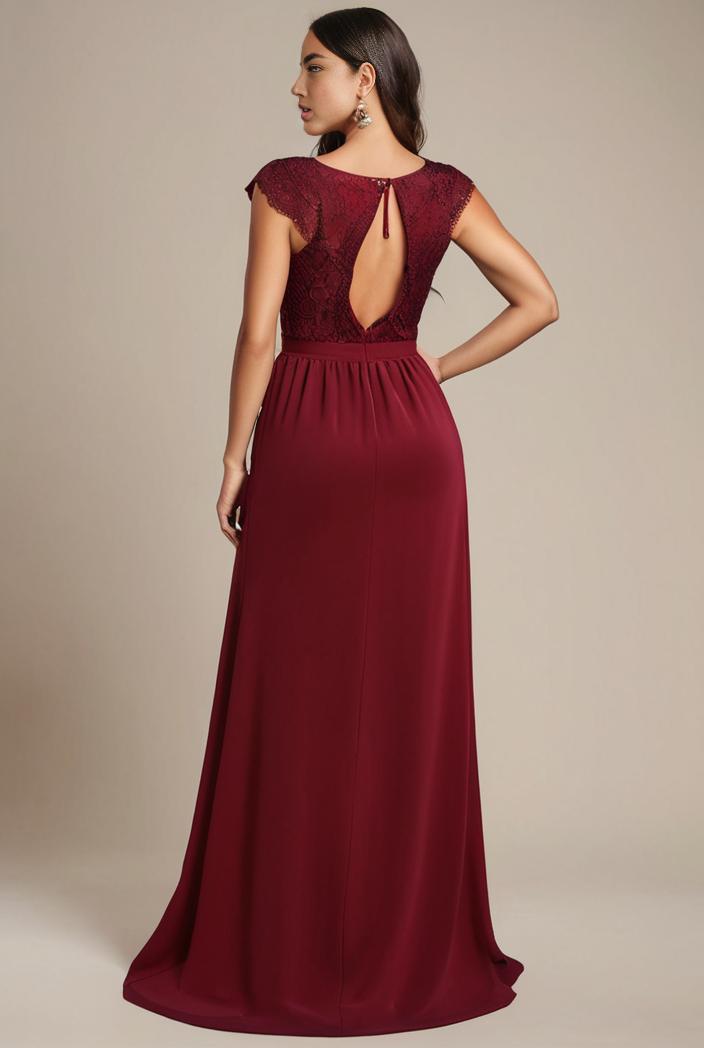 elegant chiffon maxi evening dress with lace cap sleeve 131508