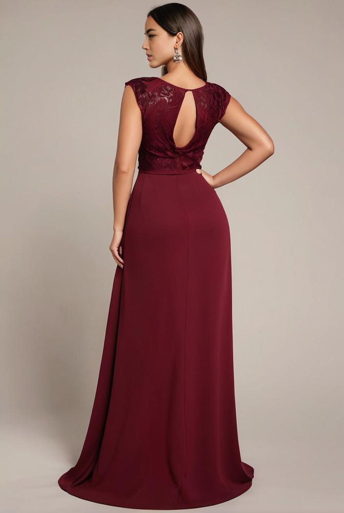 elegant chiffon maxi evening dress with lace cap sleeve 131511