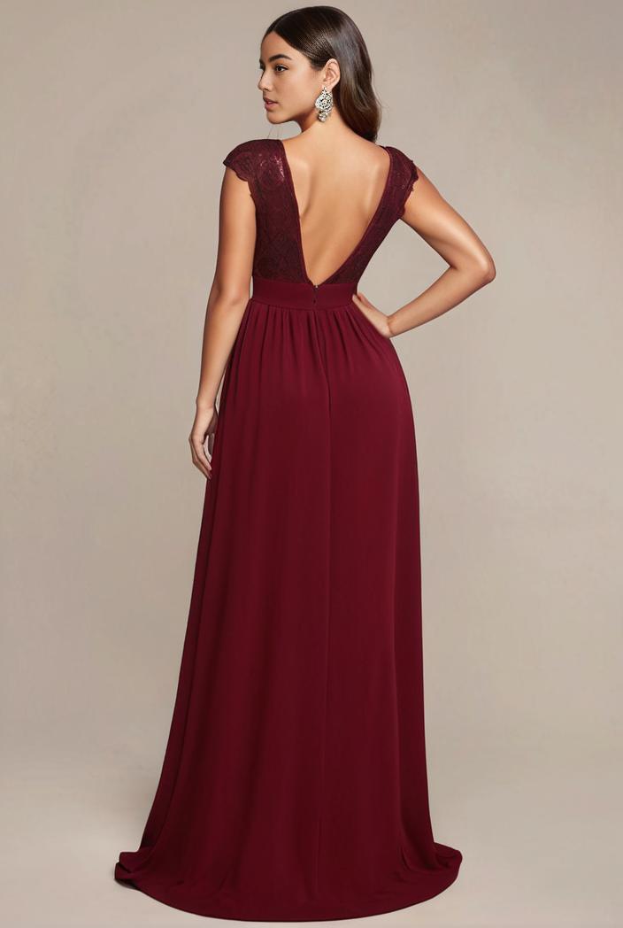 elegant chiffon maxi evening dress with lace cap sleeve 131512