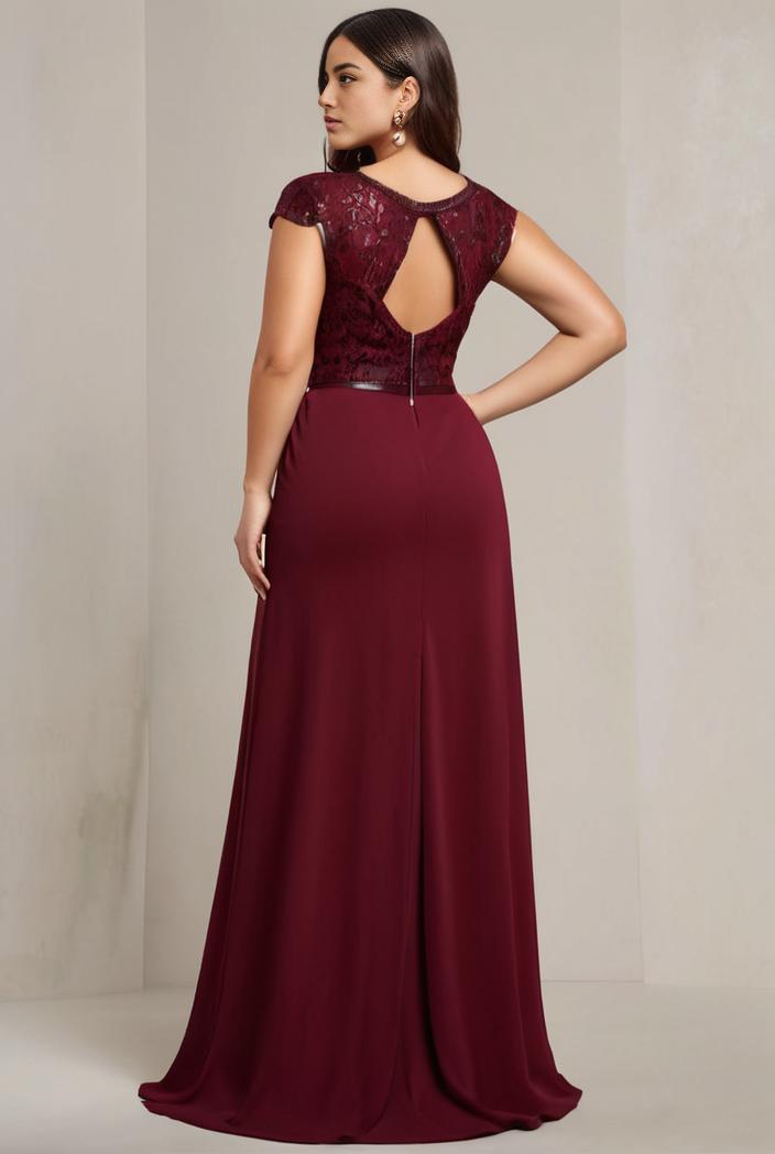elegant chiffon maxi evening dress with lace cap sleeve 131514