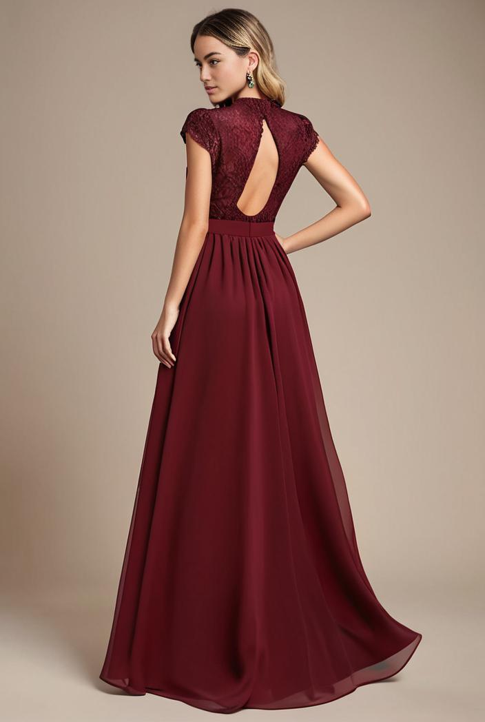 elegant chiffon maxi evening dress with lace cap sleeve 131516