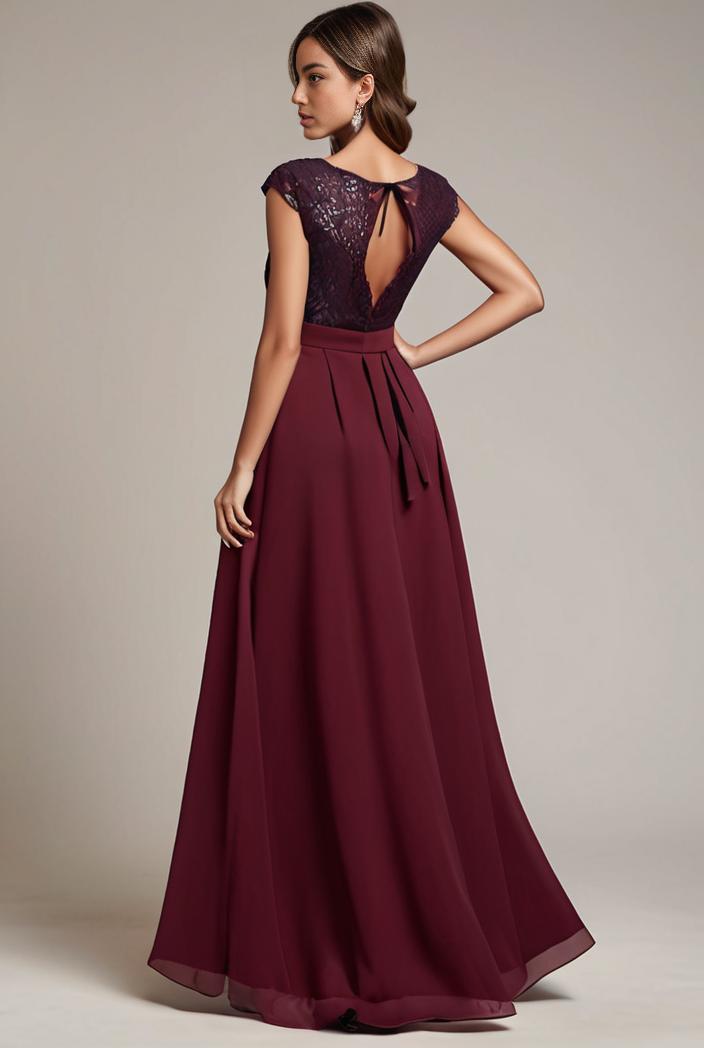 elegant chiffon maxi evening dress with lace cap sleeve 131518