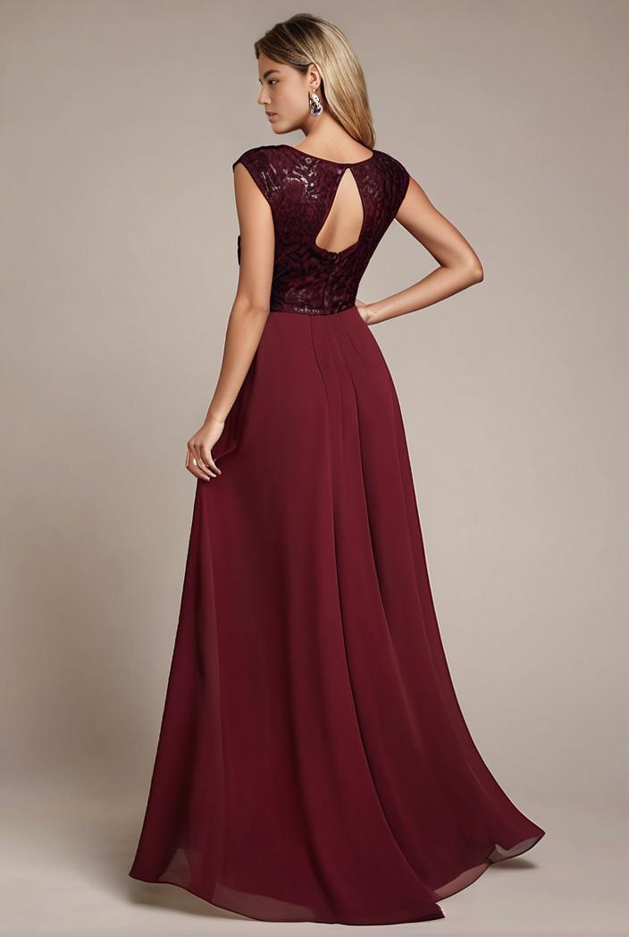 elegant chiffon maxi evening dress with lace cap sleeve 131519