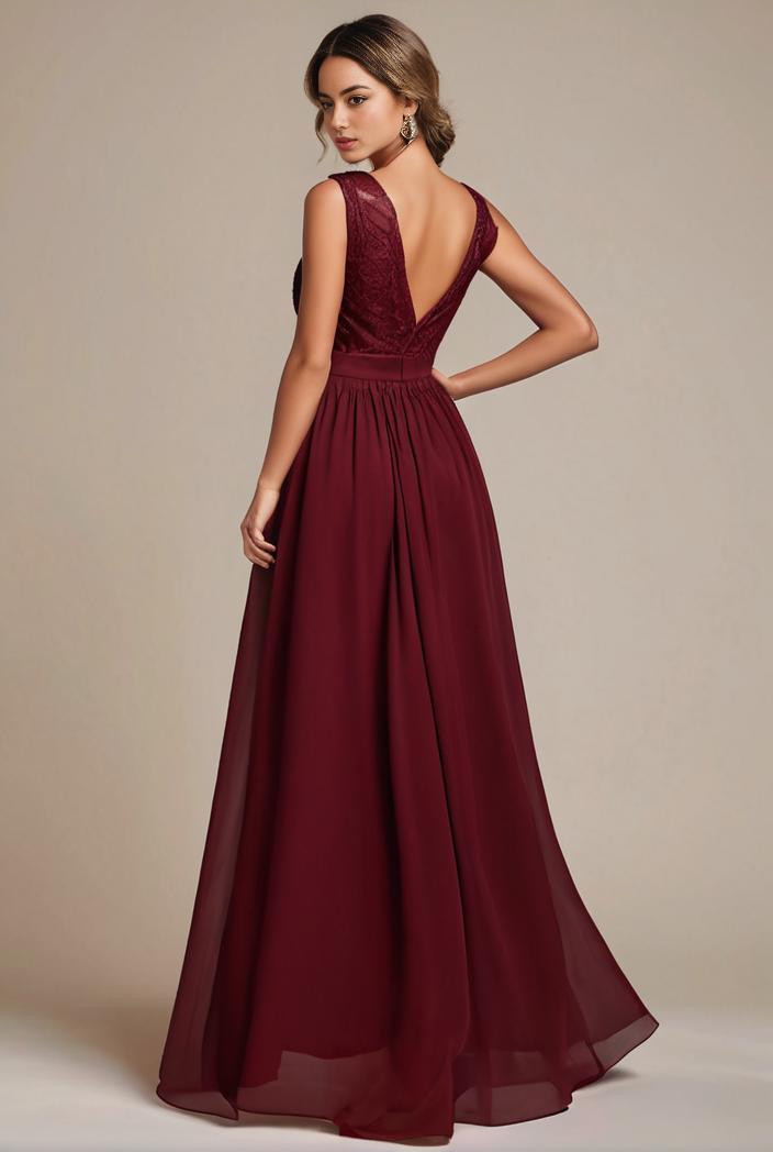 elegant chiffon maxi evening dress with lace cap sleeve 131521