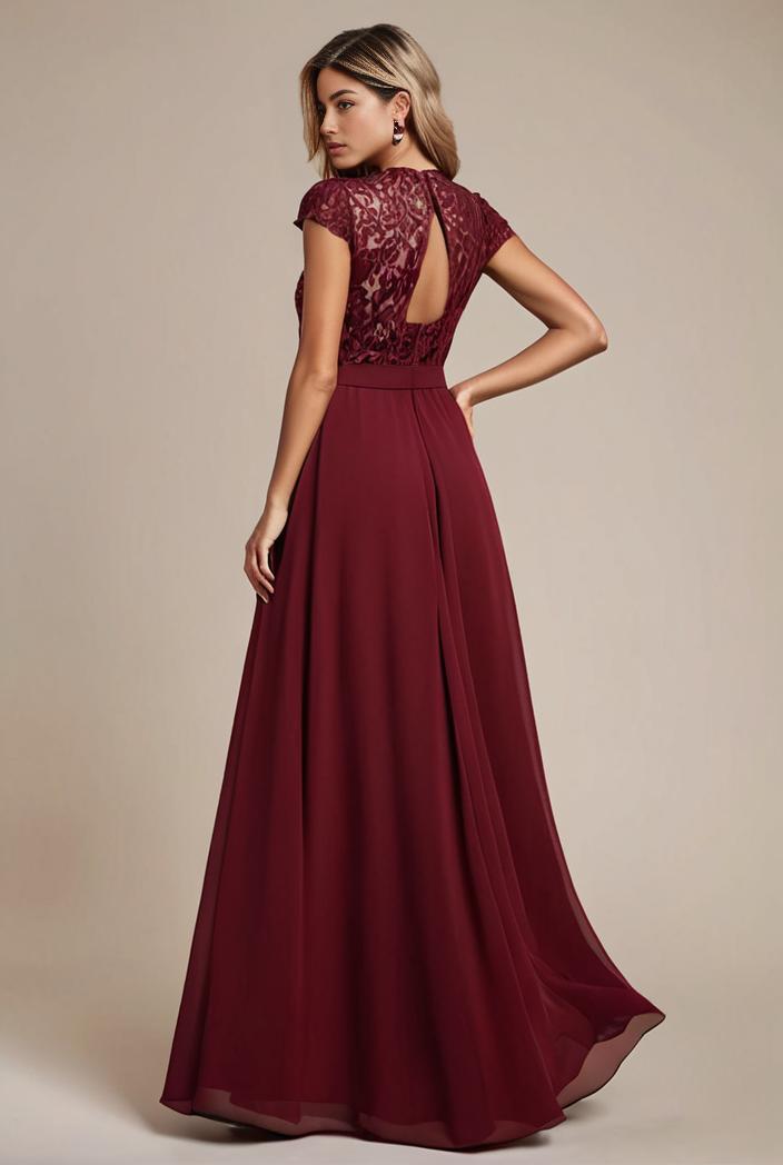 elegant chiffon maxi evening dress with lace cap sleeve 131522