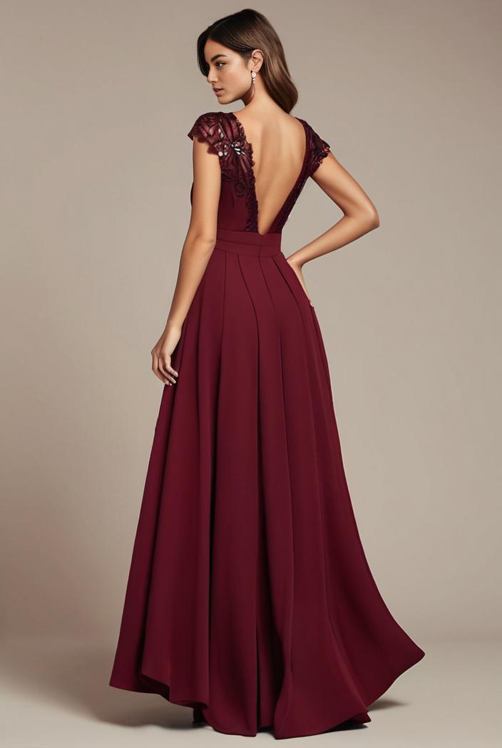 elegant chiffon maxi evening dress with lace cap sleeve 131523