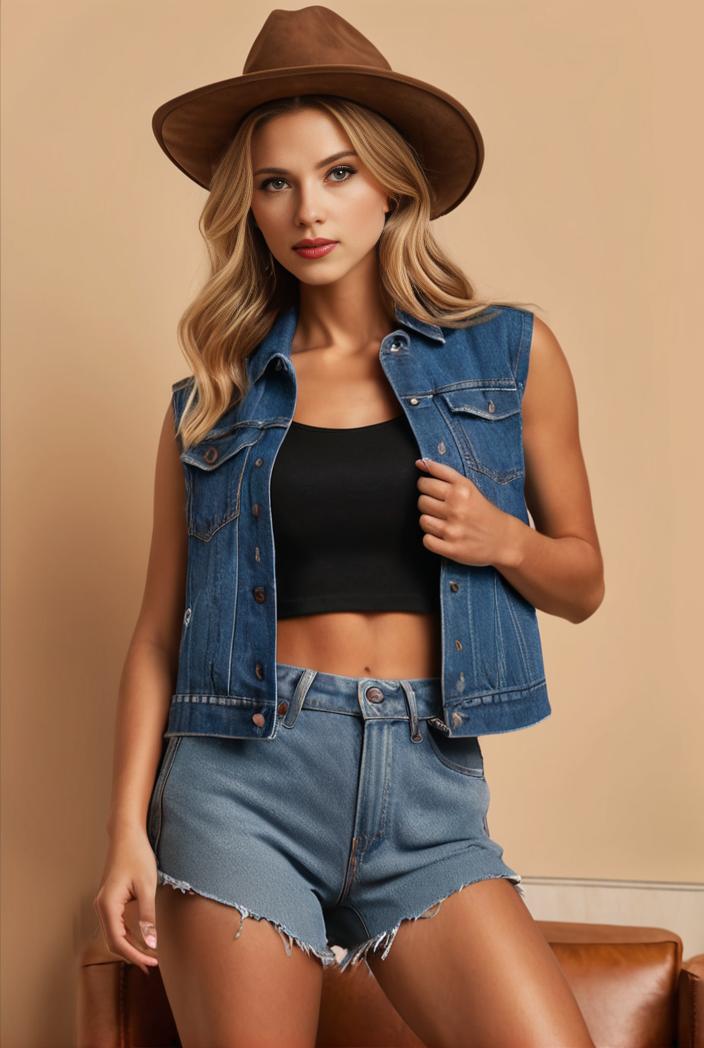 washed denim sleeveless vest with distressed ripped lapel women s denim jacket collection 116378