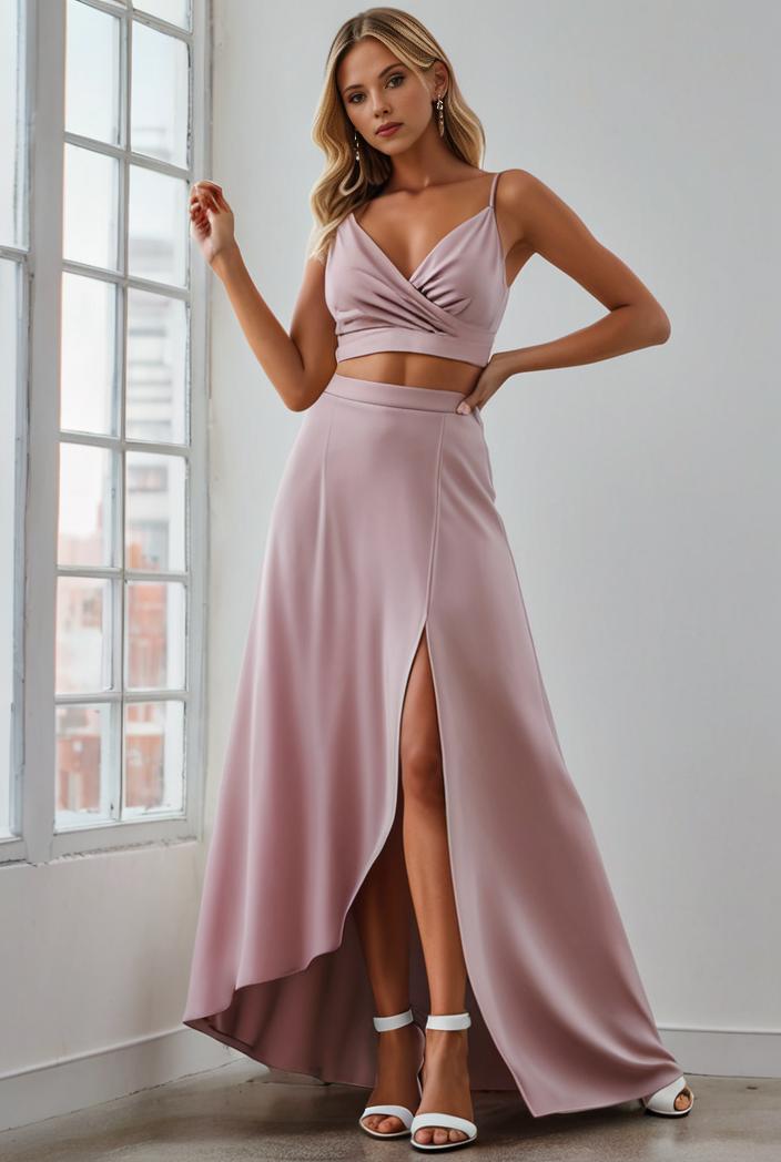 pleated v neck spaghetti strap high slit bridesmaid dress 100046