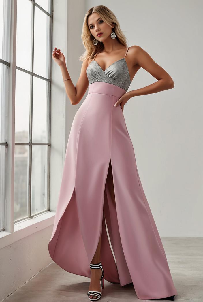 pleated v neck spaghetti strap high slit bridesmaid dress 100048