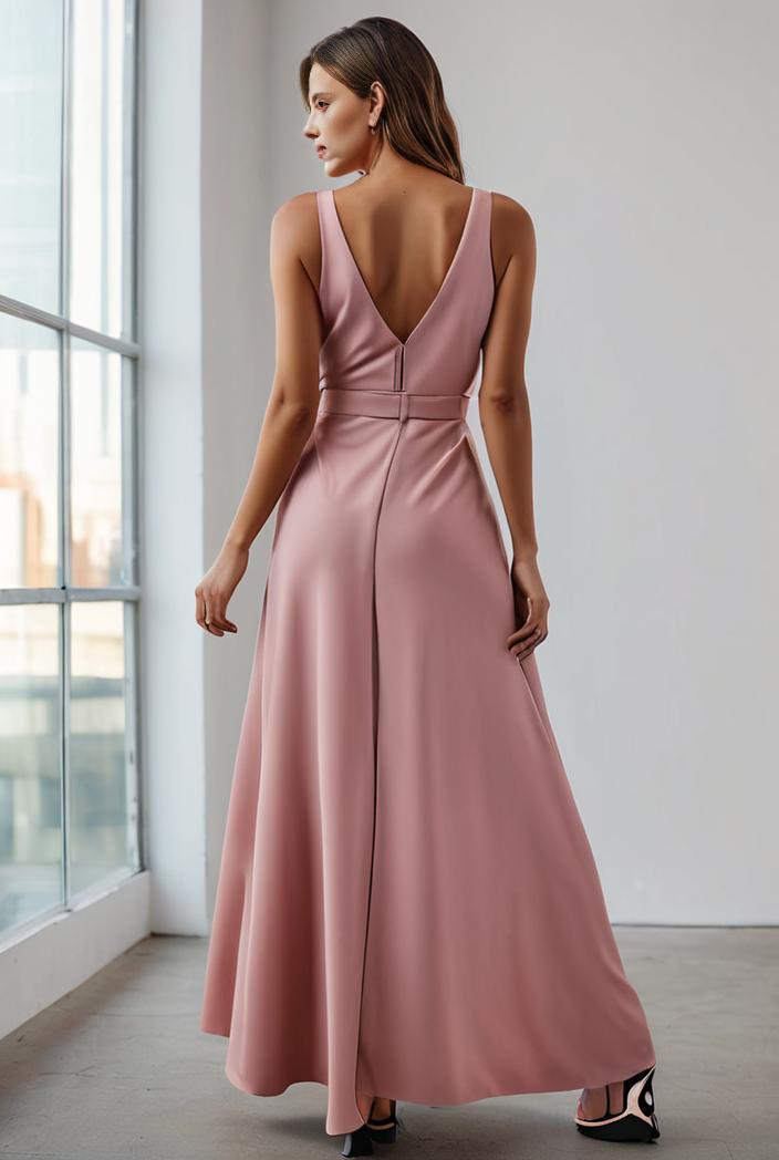 pleated v neck spaghetti strap high slit bridesmaid dress 100095