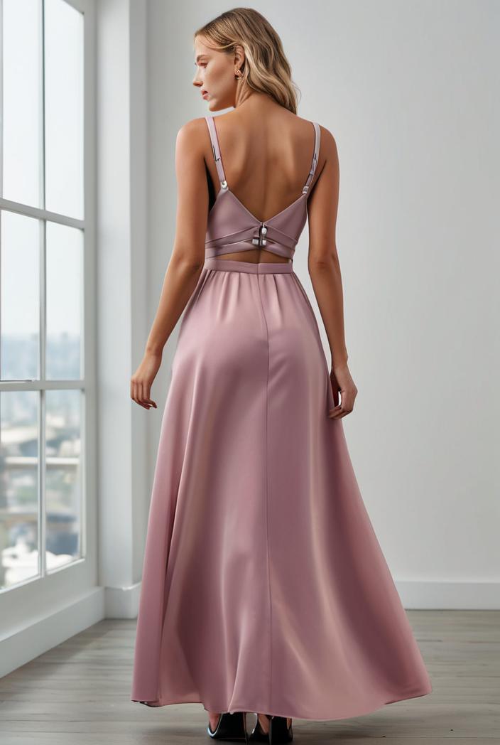 pleated v neck spaghetti strap high slit bridesmaid dress 100100
