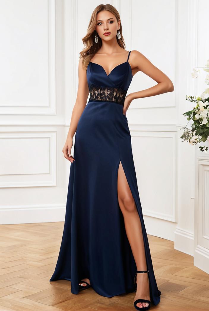 pleated v neck spaghetti strap high slit bridesmaid dress 100109
