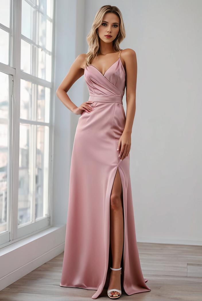 pleated v neck spaghetti strap high slit bridesmaid dress 100123