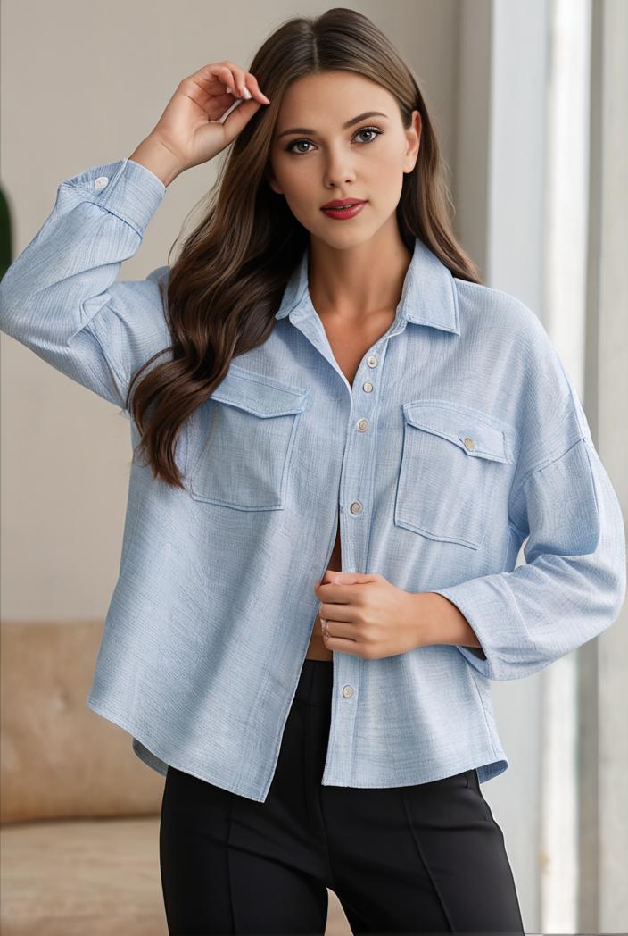 women s distressed blue denim jacket with flap pockets and lapel stylish long sleeve coat 116930