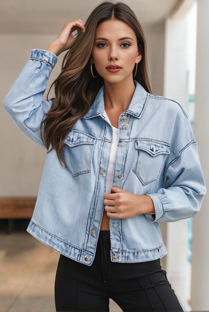 women s distressed blue denim jacket with flap pockets and lapel stylish long sleeve coat 116931